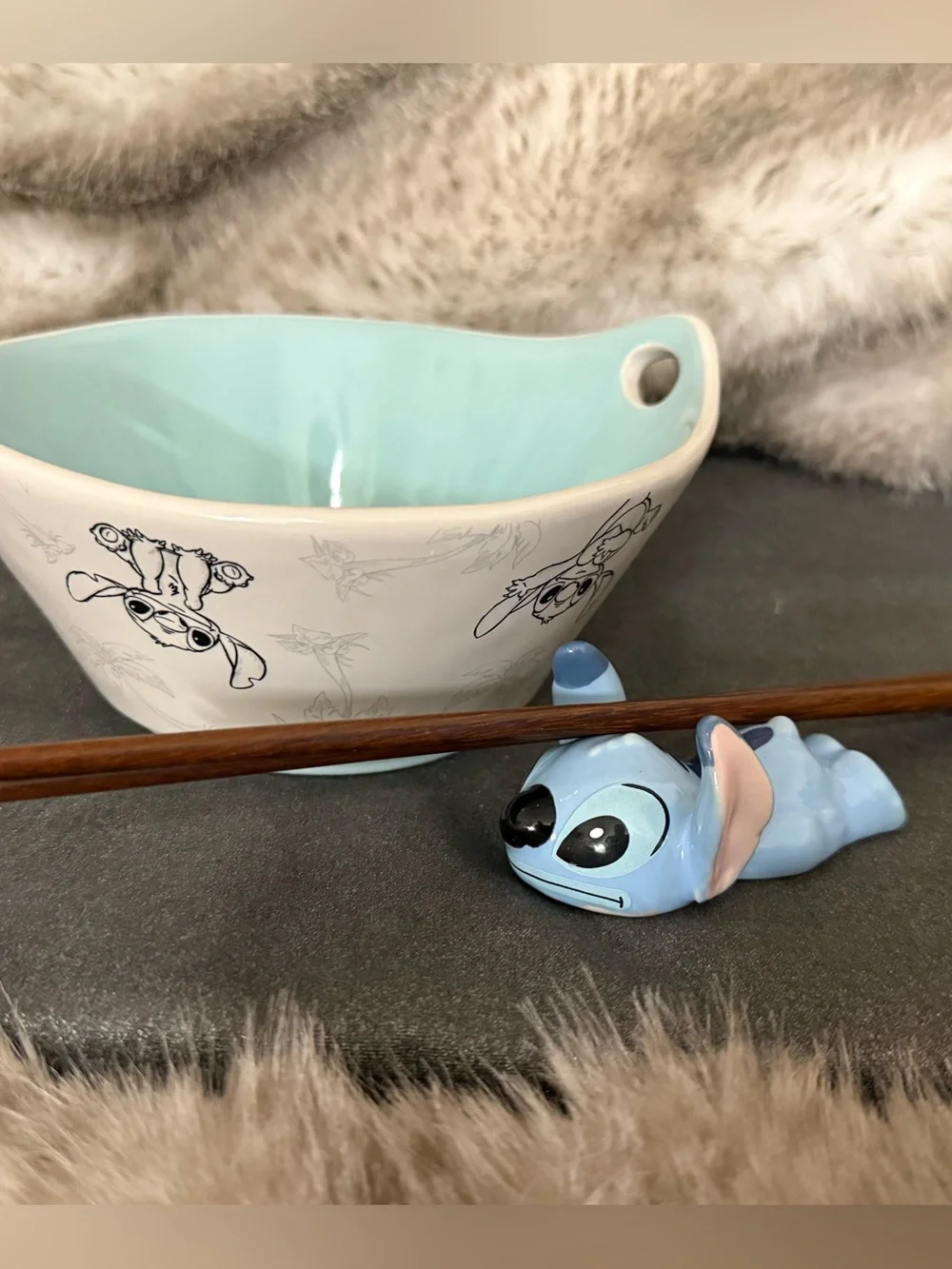 Rae Dunn Disney Ramen Bowl with Chopsticks and Holder - Stitch Ohana